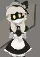 Cyn from Murder Drones showcases a playful maid character with glowing yellow eyes and a detailed costume design.