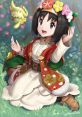 Erika from Pokémon Masters EX in a floral outfit with a cheerful expression and her Pokémon companion in a vibrant setting.