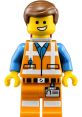 Emmet Brickowski from The Lego Movie, dressed in his signature orange outfit, displaying a cheerful smile and ID badge.