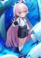 Takanashi Hoshino from Blue Archive, with striking pink hair, explores an underwater scene surrounded by fish.