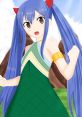 Wendy V1 with blue hair and green dress, striking a determined pose against a scenic background.