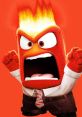 Anger from *Inside Out*, depicted with fiery red hair, shouting furiously in a suit, expressing intense emotion.