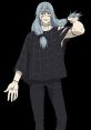 Mahito from Jujutsu Kaisen, featuring long blue hair, scars, and a confident pose in a black outfit.