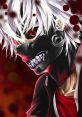 Ken Kaneki in his iconic ghoul form, showcasing white hair, vivid red eyes, and a sinister grin against a dark background.