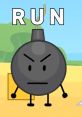 BFDI character Bomby with a serious expression, warning others to run, set against a vibrant outdoor background.