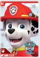 Happy Marshall from PAW Patrol, wearing a firefighter hat, ready for adventure in Adventure Bay with his friends.