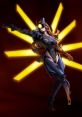 V1 from Ultrakill in a dynamic pose, wielding a gun amidst striking yellow rays, showcasing her futuristic design.