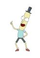 Mr. Poopybutthole from Rick and Morty, donned in a top hat and blue shirt, striking a cheerful pose with a thumbs up.