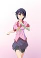 Suruga Kanbaru from Bakemonogatari, smiling while running, showcasing her unique arm in a vibrant pink outfit.