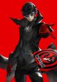 Joker from Persona 5 in a striking black outfit, extending a red-gloved hand against a bold red background.