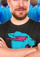 MrBeast smiling confidently, wearing a vibrant t-shirt featuring a unique blue and pink panther design.