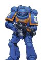 Blue Space Marine in powerful armor holding a futuristic weapon, representing the Warhammer 40K universe's iconic warriors.