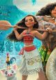 Moana wielding a paddle, showcasing determination, with her friends Heihei the rooster and Pua the pig, against ocean waves.
