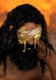 Sisyphus Prime from Ultrakill with bandaged eyes, emotional expression, and a fiery background, evoking strength and struggle.