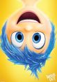 Joy from "Inside Out" has bright blue hair and expressive eyes against a cheerful yellow background, radiating happiness.