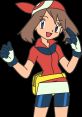 May from Pokémon Advanced, smiling and ready for an adventure, wearing a red outfit with a cap and gloves.