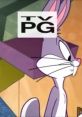 Bugs Bunny looking mischievous, featured in a Looney Tunes scene with a TV PG rating. Classic animated character.
