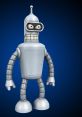 Bender from Futurama, a silver robot with a mischievous grin, standing against a blue background.