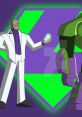 Lex Luthor in DCAU, showcasing his intellect with a green crystal, stands beside a menacing robot in a bold graphic design.