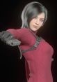 Ada Wong from RE4 Remake confidently aims a gun, showcasing her iconic red outfit and striking presence.
