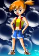 Misty from Pokémon, wearing a crop top and shorts, smiles confidently with bubbles in the background.