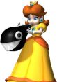 Princess Daisy, portrayed by Jen Taylor, playfully interacts with a large black character in her signature yellow gown.