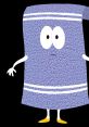 Towelie, the animated towel character, features a worried expression, white stripes, and cartoonish arms and legs.