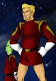 Zapp Brannigan poses confidently in a red uniform, with a skeptical alien companion against a starry backdrop.
