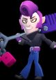 Mortis from Brawl Stars, featuring his signature purple hair and a stylish outfit, wielding a shovel and pink dice.