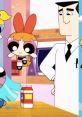 Bubbles from PPG Reboot playfully interacts with friends and a scientist in a colorful animated kitchen setting.