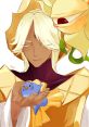 Character with blonde hair gently holds a blue bird, surrounded by whimsical plants, exuding warmth and charm reminiscent of Pure Vanilla Cookie.