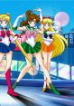 Sailor Moon characters in vibrant costumes pose confidently against a colorful cityscape, embodying friendship and heroism.