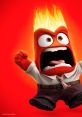 Anger from "Inside Out" fiercely yells, flames erupting from his head, highlighting his fiery emotional intensity against a red background.