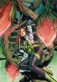 Poison Ivy surrounded by toxic plants, showcasing her iconic green outfit and environmental themes in DC Comics.