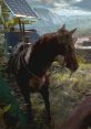 Brown and white horse with a saddle stands near a solar panel, set against a lush, tropical landscape in Six (V1.5).