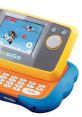 VTech Mobigo device displaying a vibrant game screen with colorful graphics and an engaging male narrator for learning fun.