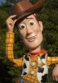 Woody from Toy Story, wearing his cowboy hat and sheriff badge, smiling amid a lush green backdrop. Fun and playful character.