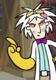 Dr. Two-Brains from WordGirl, with wild white hair and yellow gloves, points confidently in a lab setting.