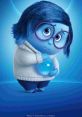 Sadness from "Inside Out" cradles a glowing blue orb, embodying emotion and vulnerability in a whimsical, colorful setting.