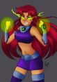 Starfire showcases her powers with a fierce expression, glowing energy orbs, and vibrant red hair, embodying her superhero essence.