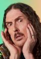 Weird Al" Yankovic makes a playful expression, showcasing his signature comedic style against a vibrant background.