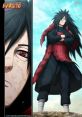 Madara Uchiha stands confidently, showcasing his signature red armor and intense gaze against a dramatic sky backdrop.