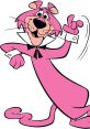 Cheerful Snagglepuss character striking a pose, showcasing his iconic pink fur and dapper collar with a playful expression.