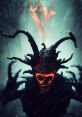 Demonic monster with glowing skull and twisted horns emerges from dark mist, radiating an eerie, ominous aura.