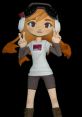 Cheerful animated character Meggy Spletzer with headphones, wearing a t-shirt and shorts, posing with peace signs.