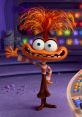 Anxiety character from "Inside Out" with vibrant orange hair, striped shirt, and playful expression in colorful setting.