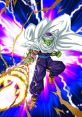 Piccolo unleashes a powerful attack, surrounded by vibrant energy bursts and lightning effects in a dynamic pose.