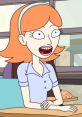 Jessica W. from Rick and Morty, animated character with orange hair, sitting in class, expressing excitement and surprise.