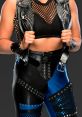 Rhea Ripley showcases an edgy look with a studded leather vest and striking fishnet details, embodying fierce style.