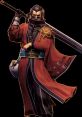 Auron from Final Fantasy X, wielding a sword, dressed in a red and black robe, exuding a powerful and mysterious aura.